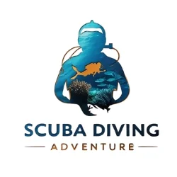 Scuba diving logo featuring a diver silhouette surrounded by marine life and coral.
