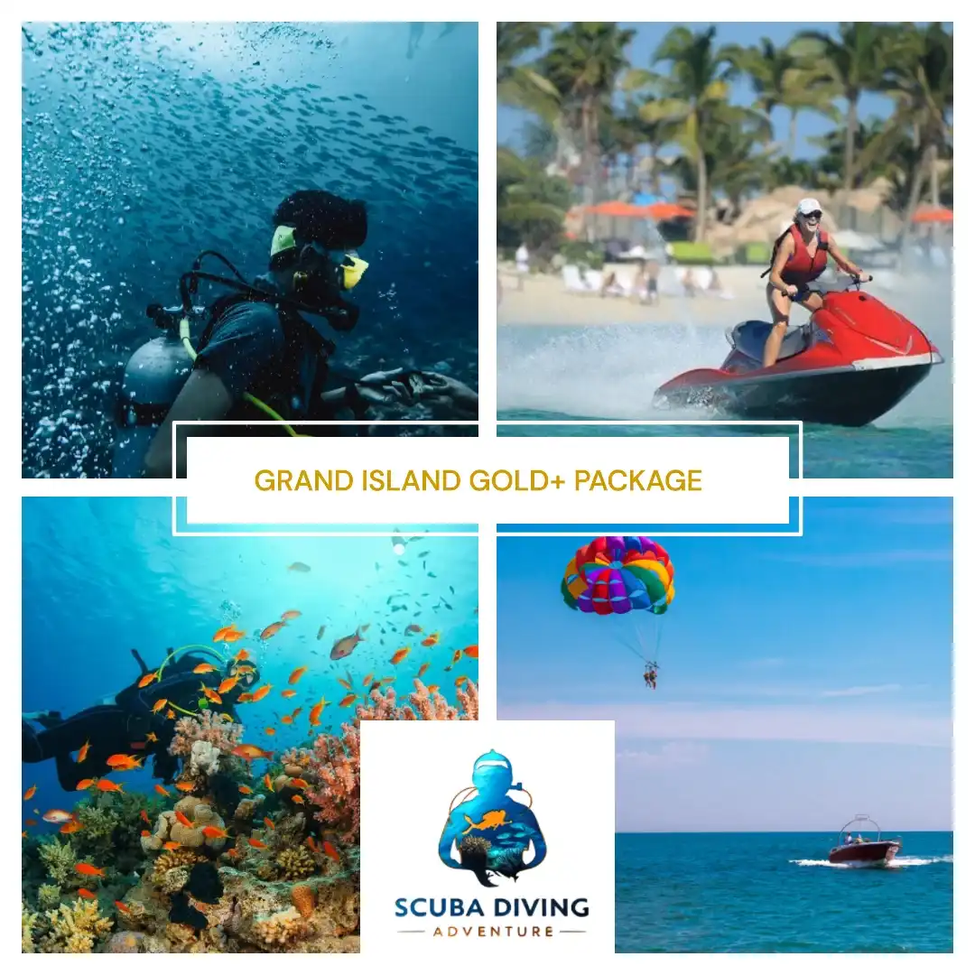 Scuba divers, jet skiers, and parasailing over a vibrant ocean in a promotional package layout. Scuba divers, jet skiers, and parasailing over a vibrant ocean in a promotional package layout.