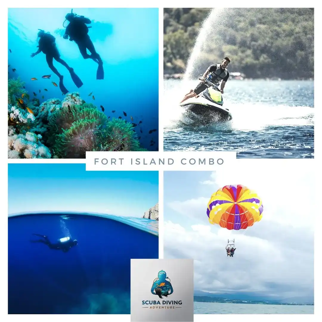 Diverse water activities collage featuring scuba diving, banana boat rides, and vibrant coral reefs. Diverse water activities collage featuring scuba diving, banana boat rides, and vibrant coral reefs.